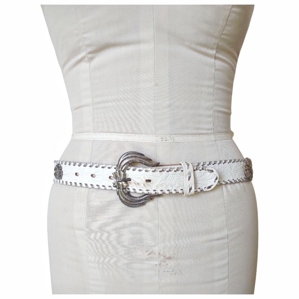 Western Tooled Leather Belt Size L Metallic Silver Braid with Flower Hardware